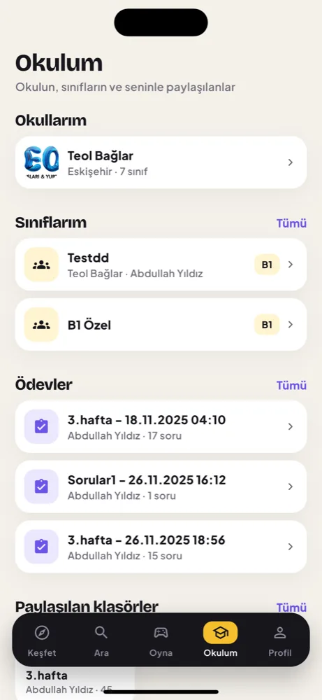 Okulum: okul, sınıf, ödev ve paylaşılanlar