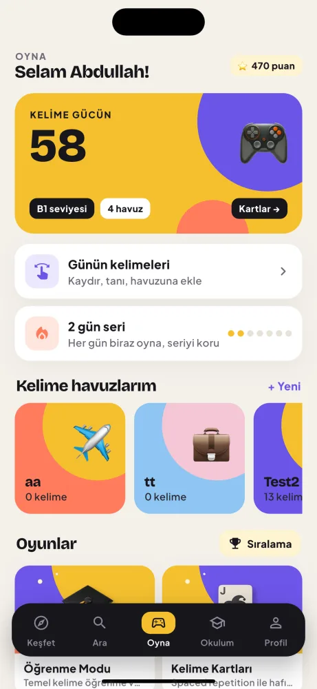 Oyna: kelime gücü, seri ve kelime havuzları